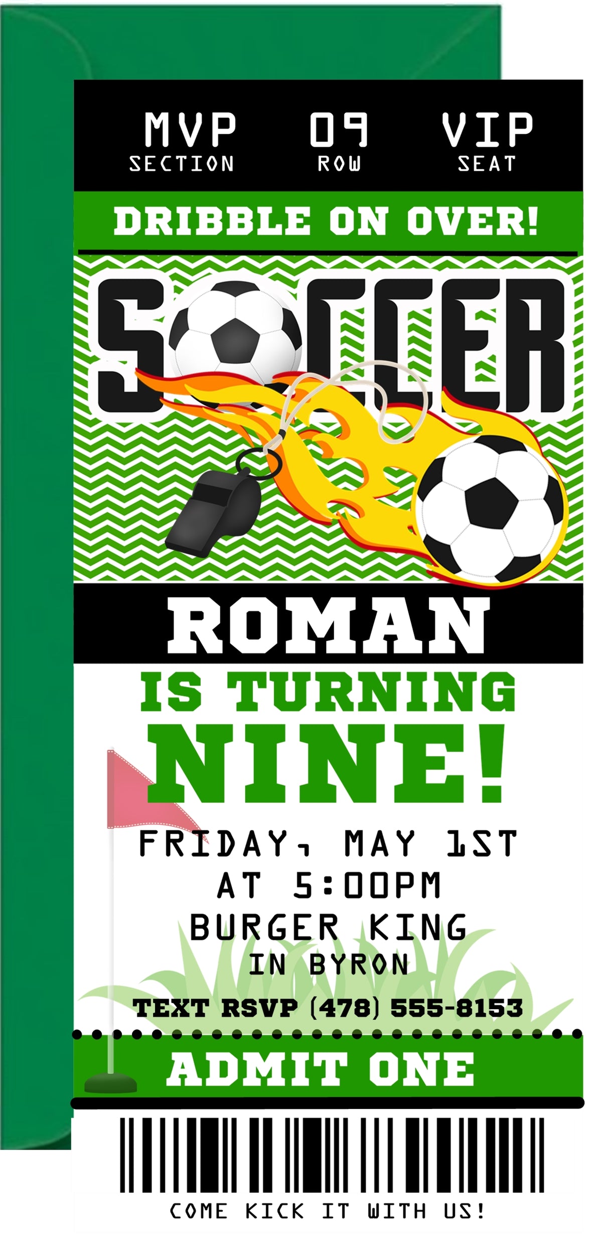 Green soccer birthday ticket invitation with admission pass layout