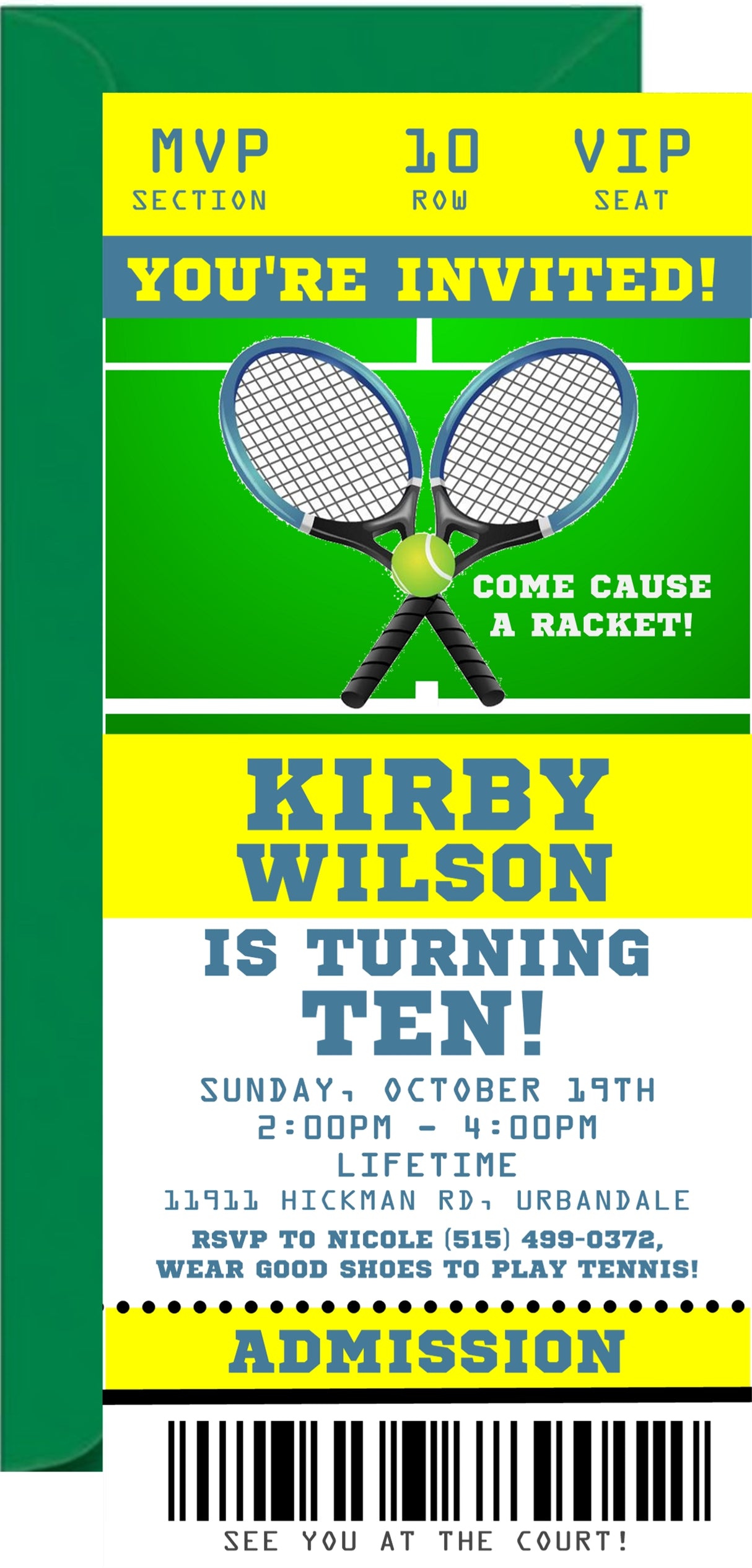 Green tennis birthday ticket invitation with admission pass layout
