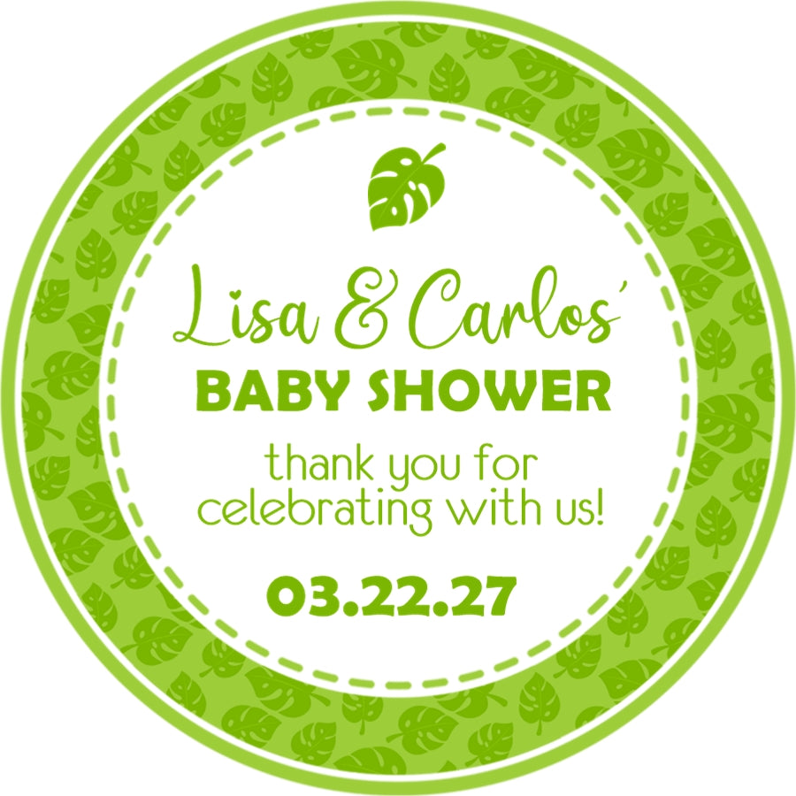 Green tropical leaf baby shower sticker
