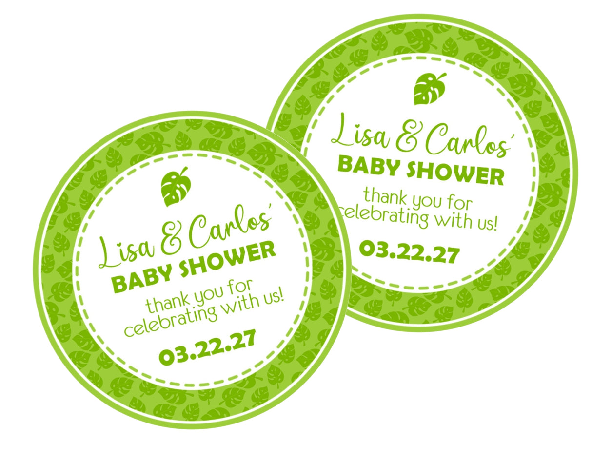 Green tropical leaf baby shower sticker with monstera design