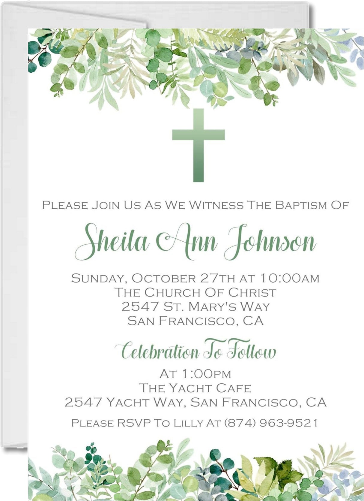 Greenery cross invitation for baptism confirmation or first communion