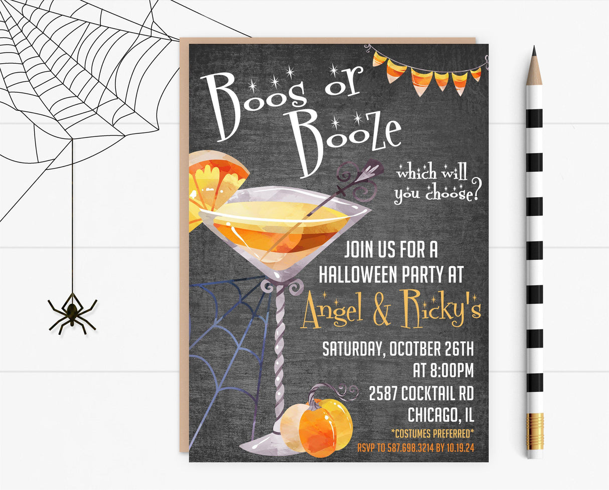 Halloween cocktail party invitation with bats and festive seasonal artwork