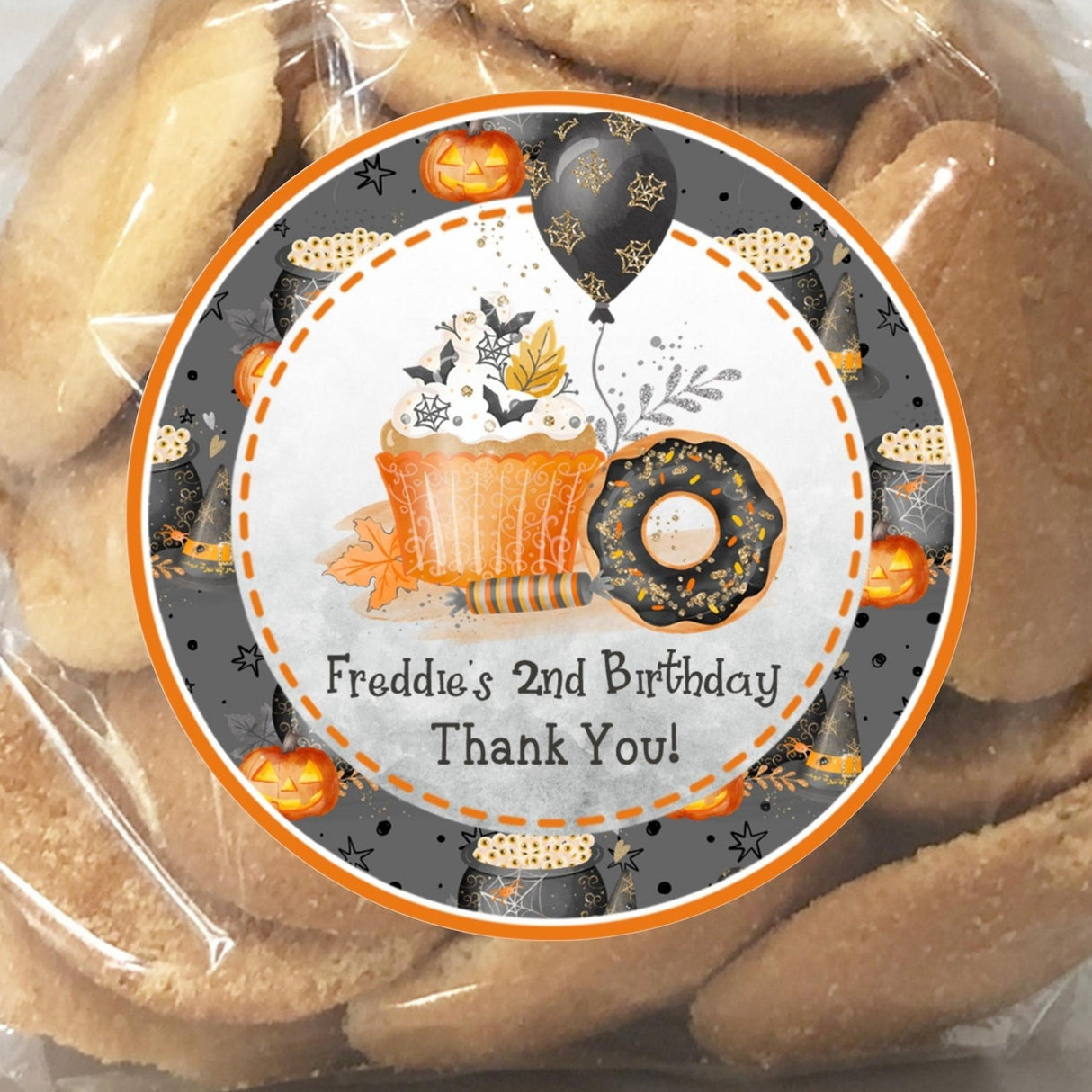 Halloween cupcake birthday sticker with ghosts and pumpkins