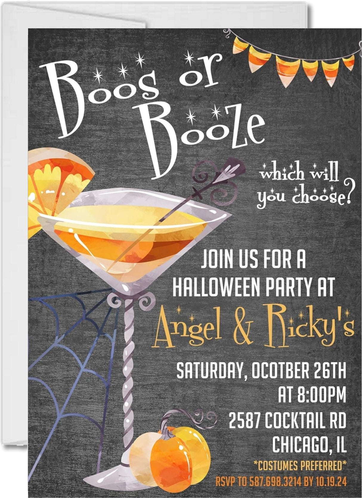 Halloween party invitation featuring a spooky martini glass and spider web accents
