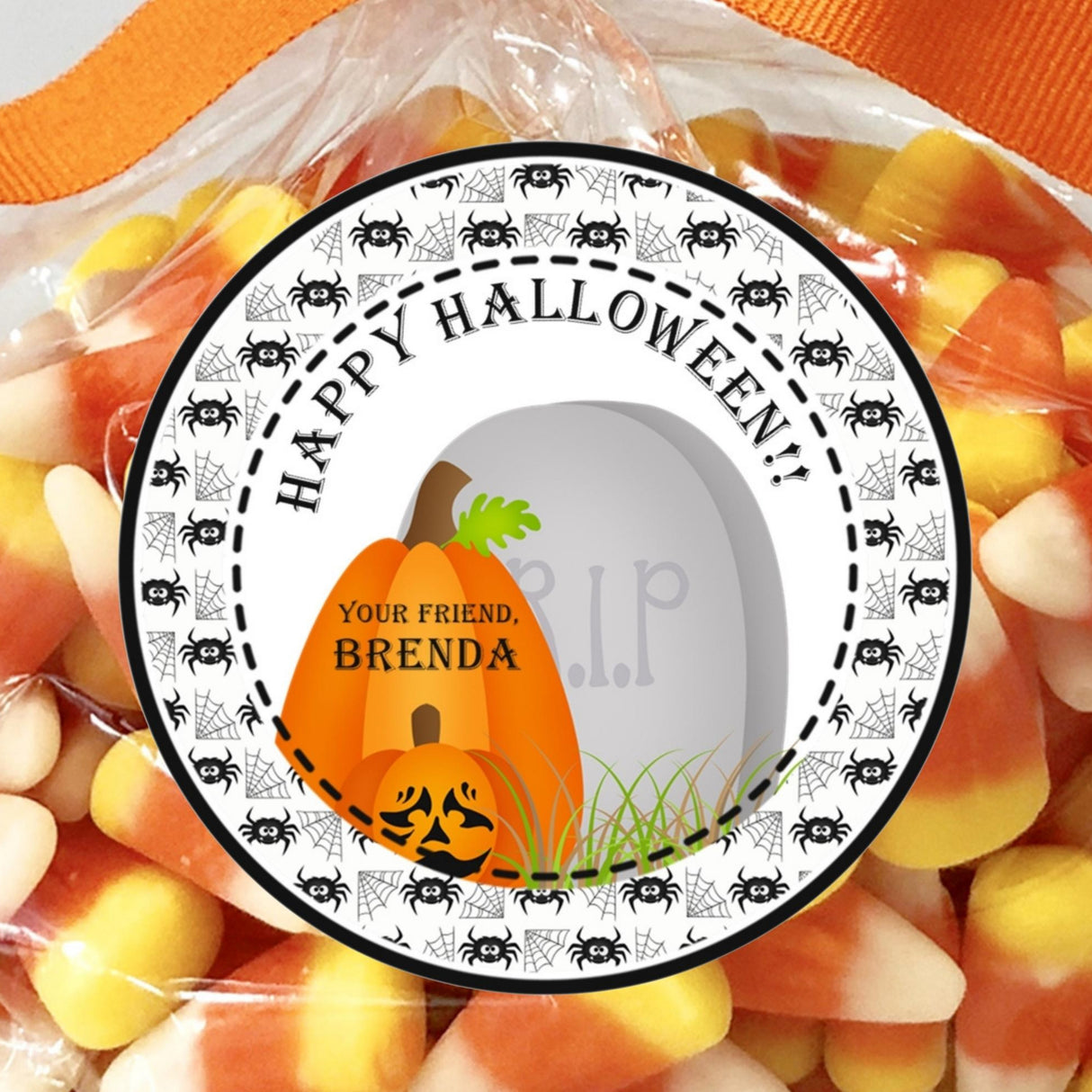 Halloween tombstone sticker with pumpkins and spider web border for party favors