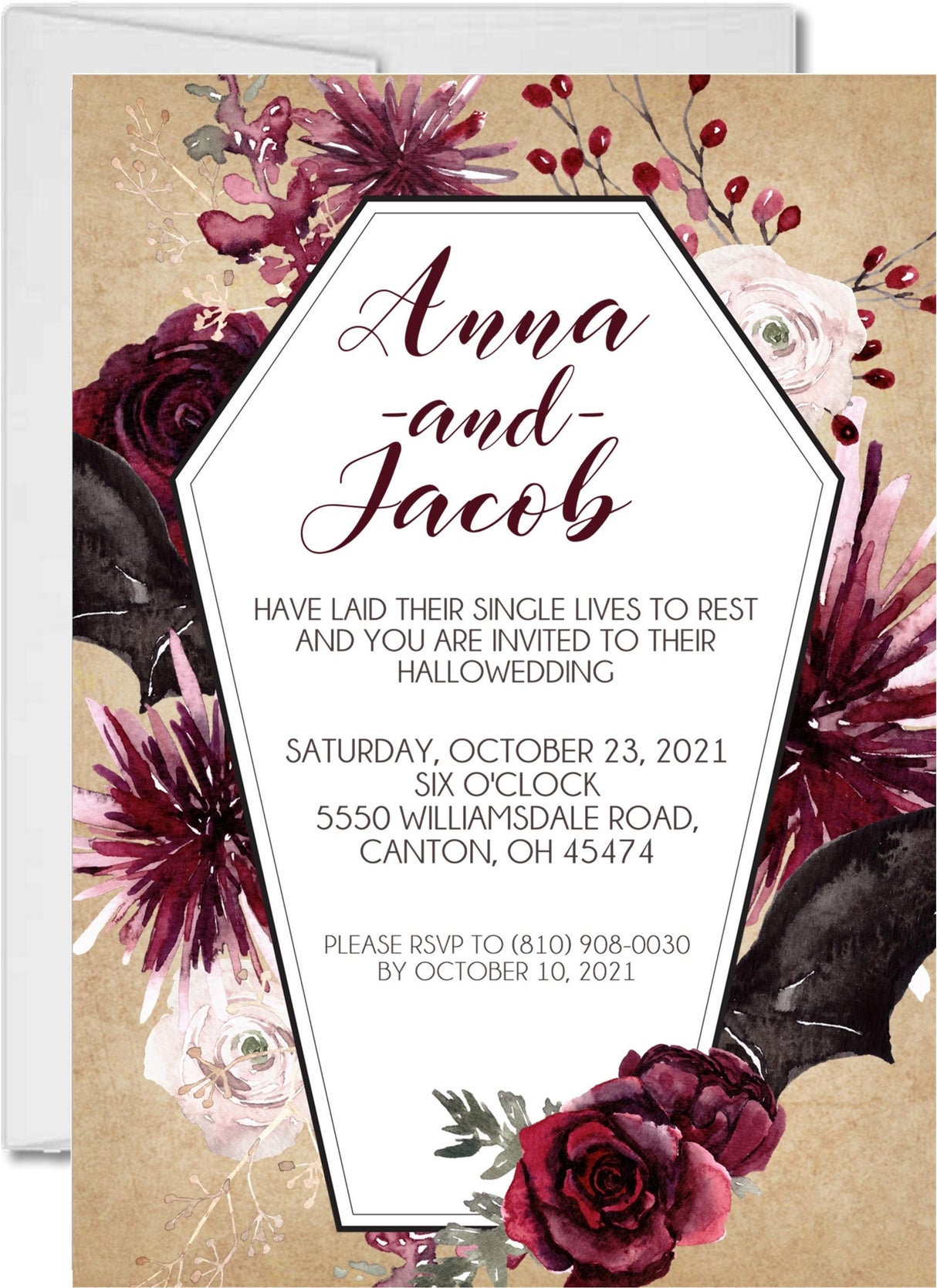 Halloween wedding invitation with burgundy roses, blush florals, and elegant wedding wording