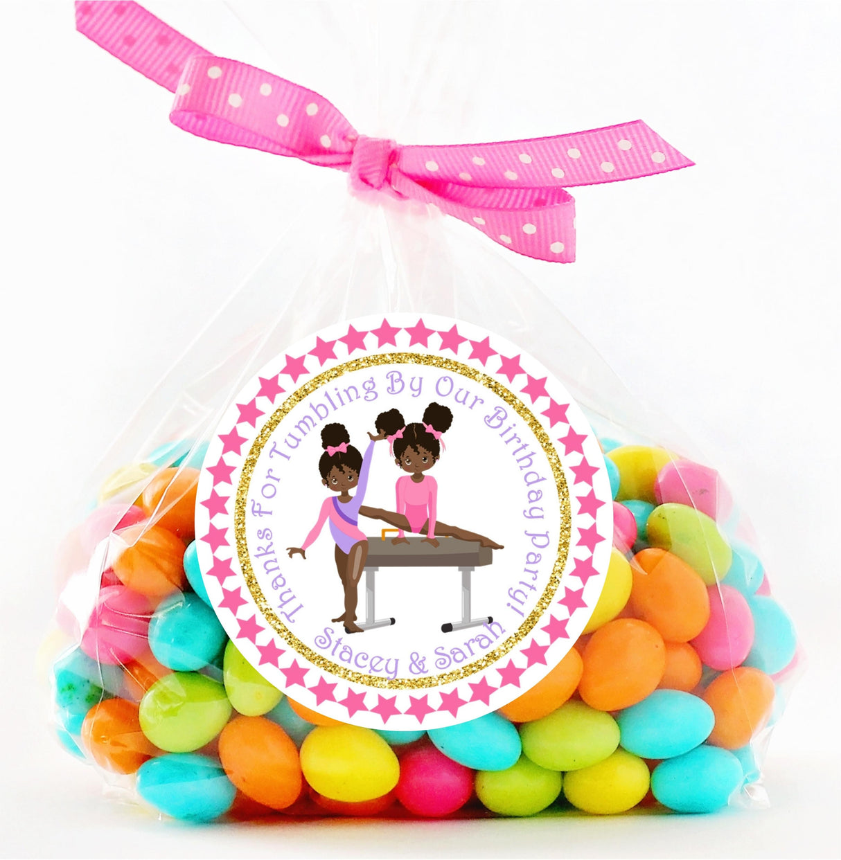 Handstand and split gymnast sticker for sisters’ birthday party