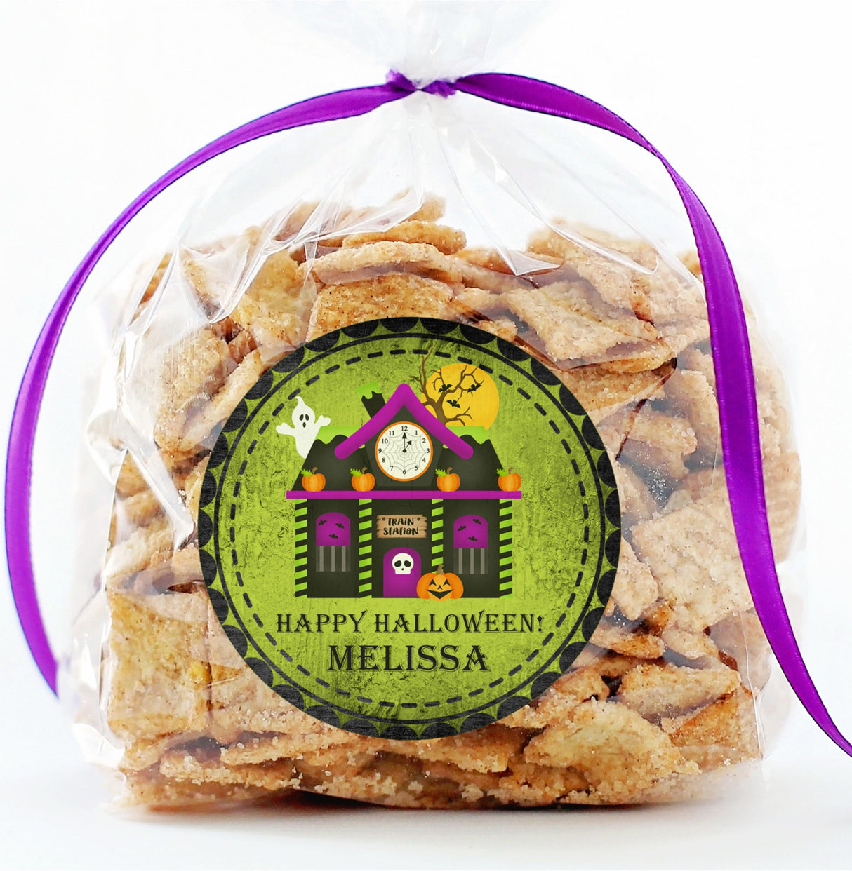 Haunted building Halloween party sticker in green tones