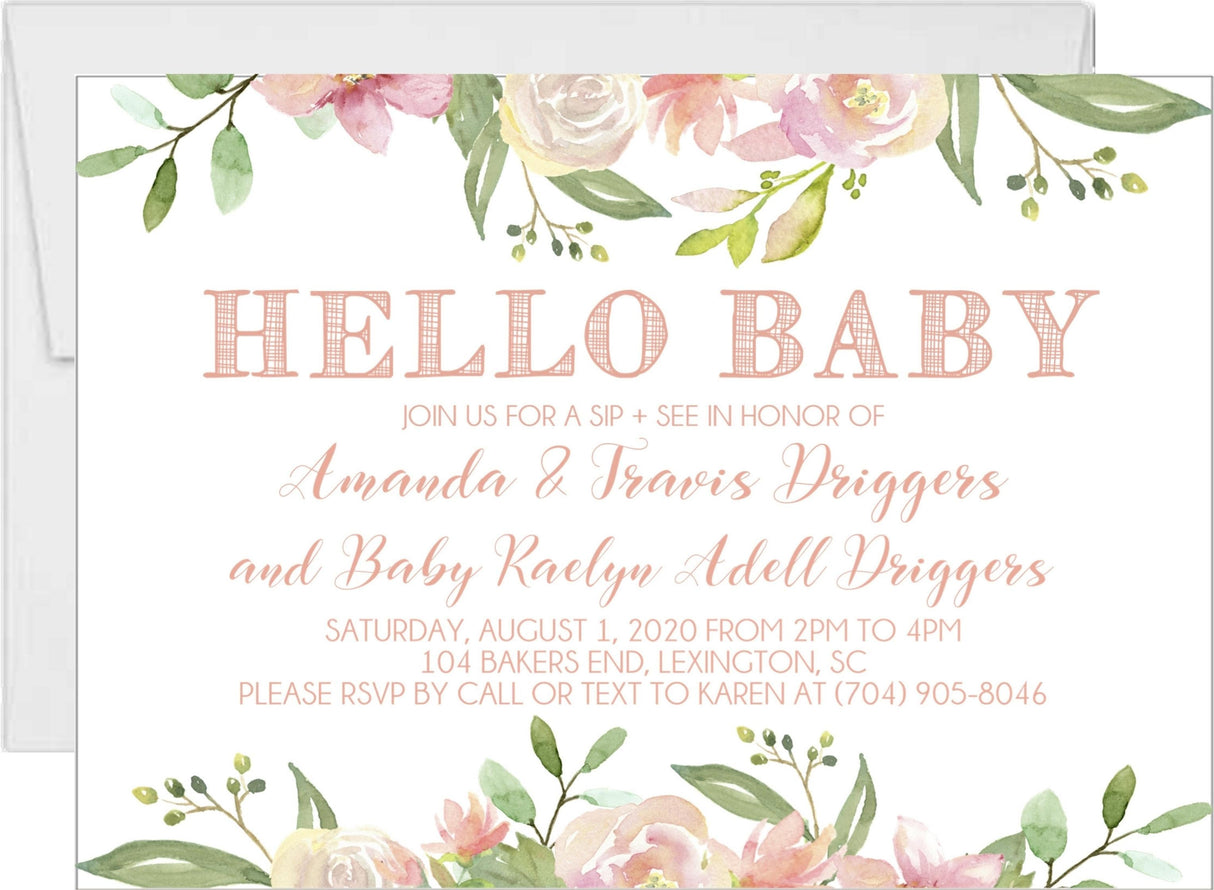Hello Baby sip and see invitation with blush watercolor florals and greenery