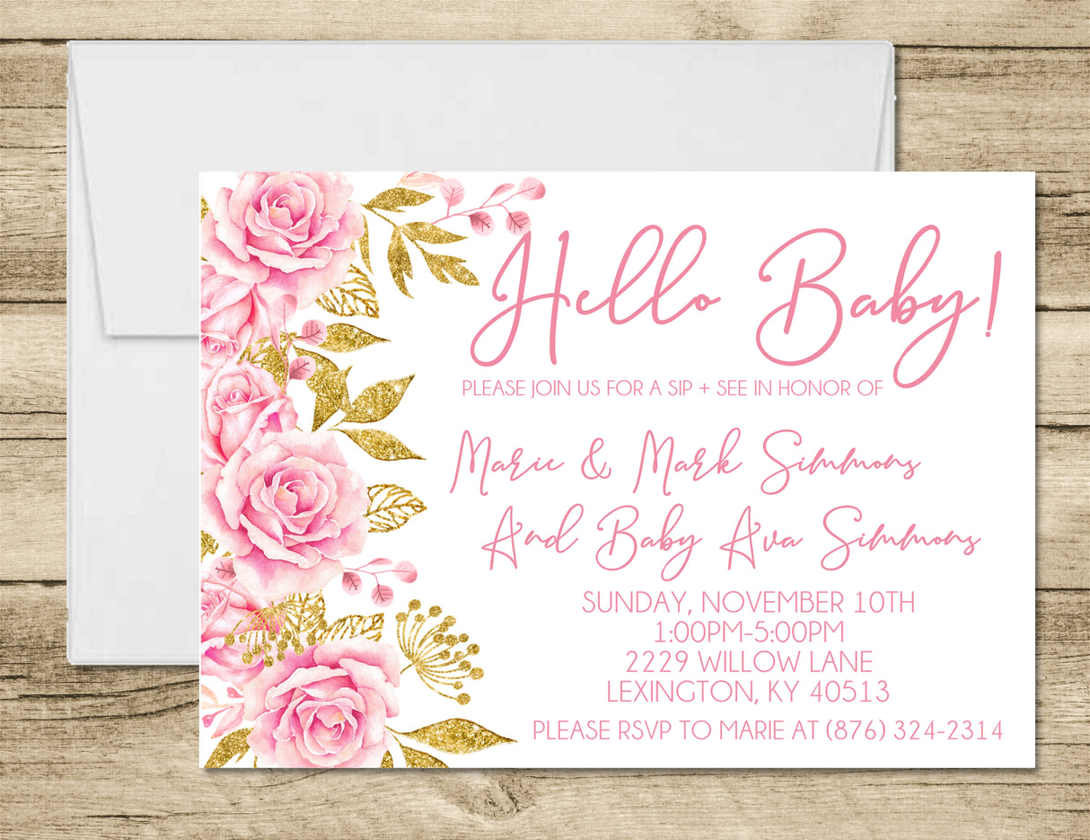 Hello Baby sip and see invitation with pink flowers and gold accents