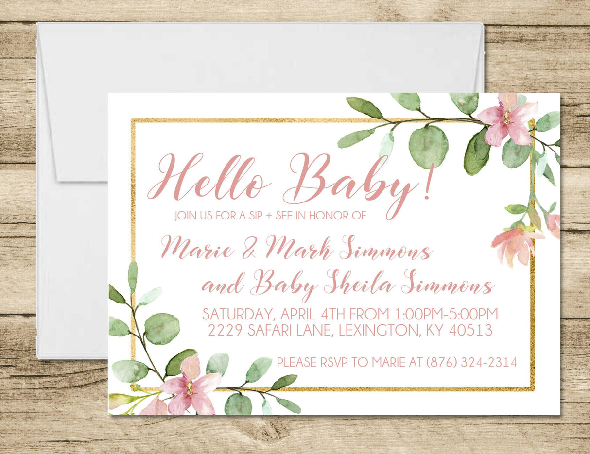 Hello baby pink sip and see invitation gold frame