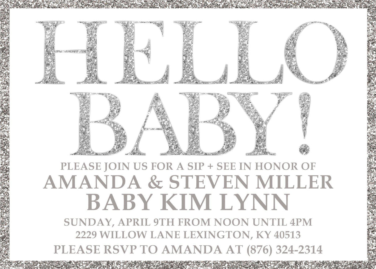 Hello baby silver sip and see invitation