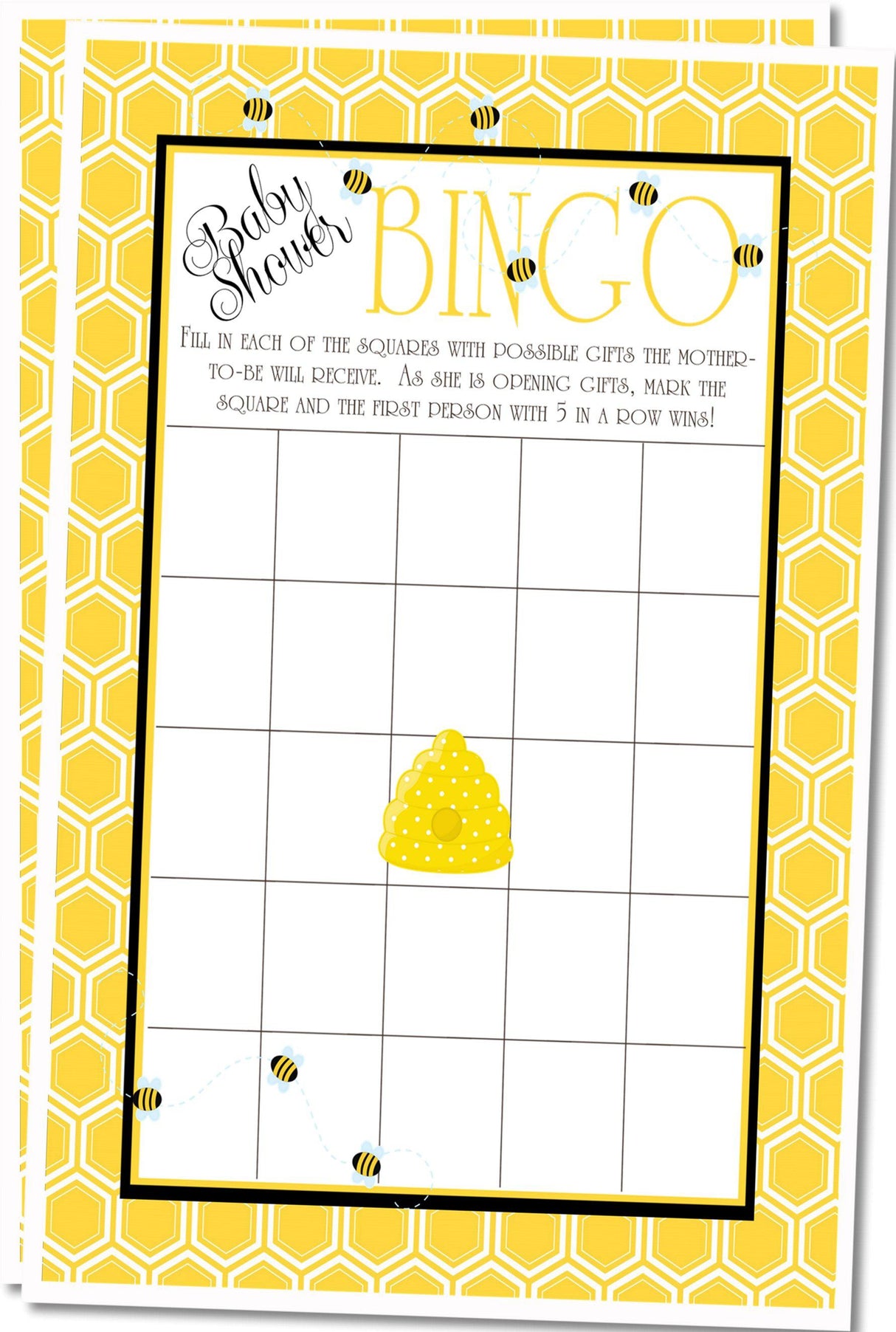 Honeycomb bee themed baby shower bingo PDF