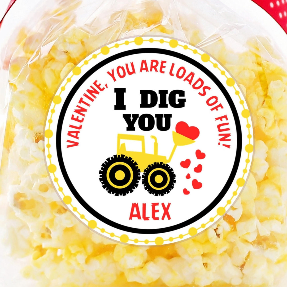 I Dig You construction Valentine sticker with yellow truck