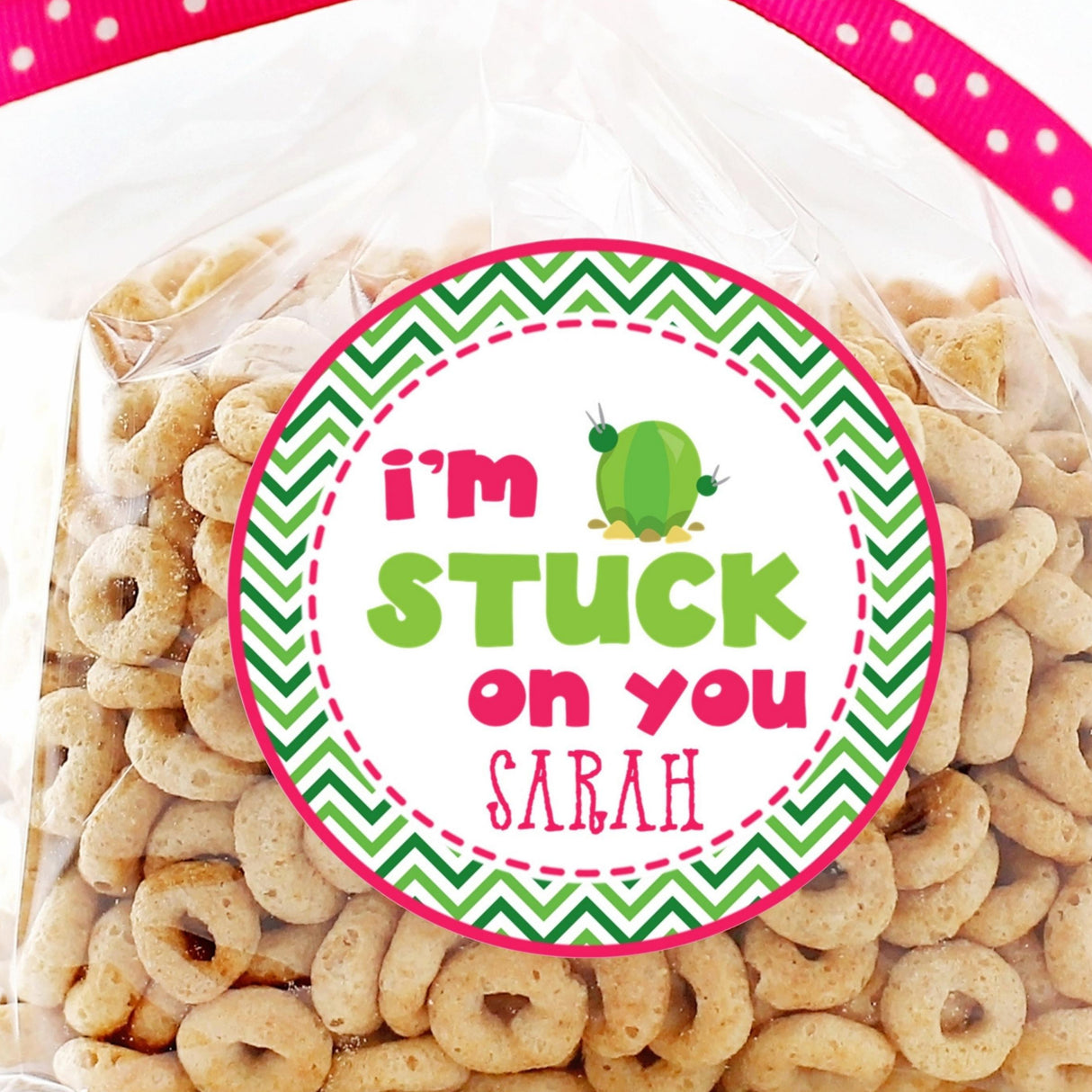 I’m Stuck on You cactus birthday sticker with pink and green chevron