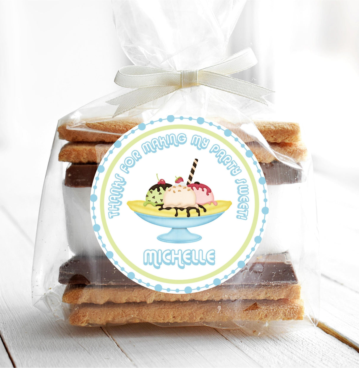 Ice cream themed birthday sticker with pastel yellow and blue border