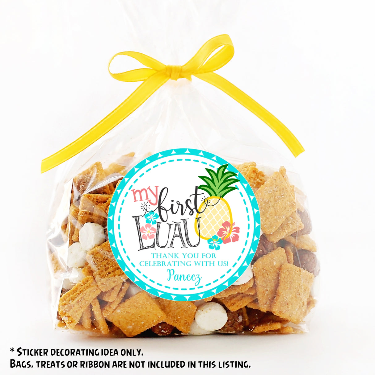 Island-themed first birthday sticker with pineapple and tropical flowers