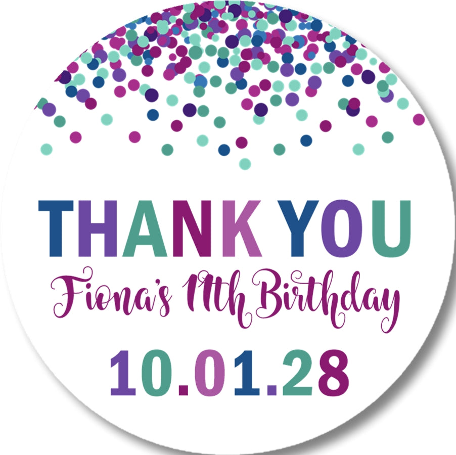 Jewel tone confetti party favor sticker with personalized name and date