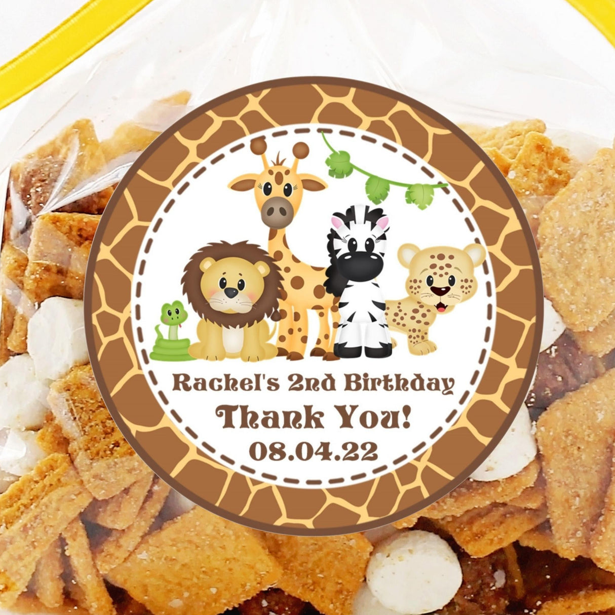 Jungle animal birthday sticker with safari theme and personalized name and date