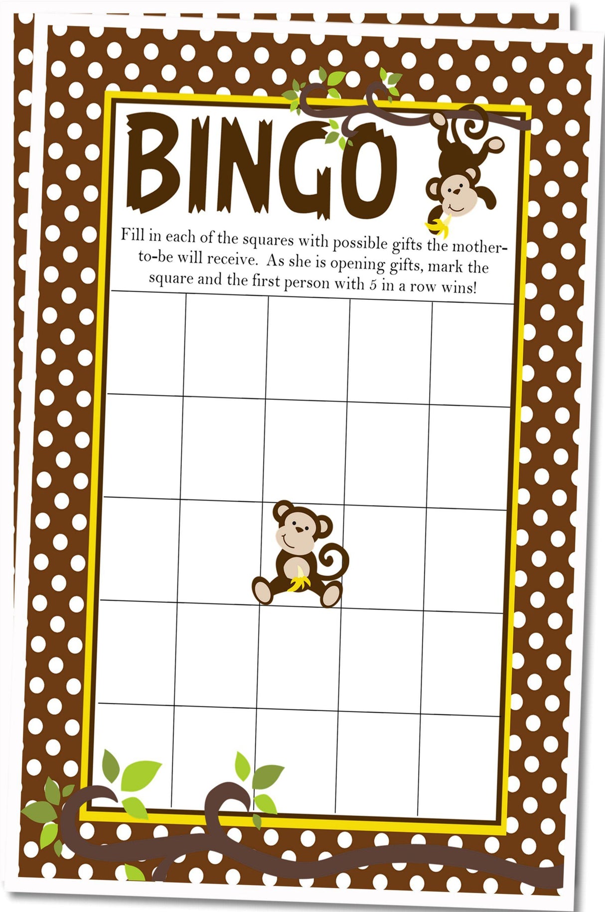 Jungle monkey themed baby shower bingo PDF