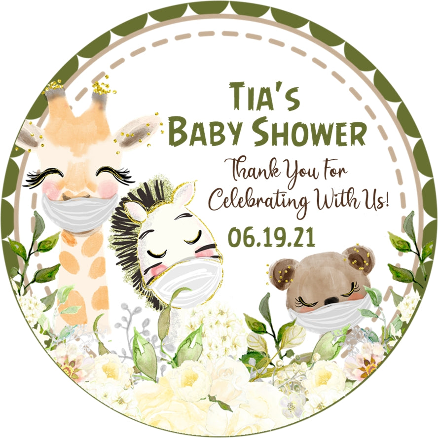 Jungle theme baby shower favor labels with giraffe zebra and bear designs