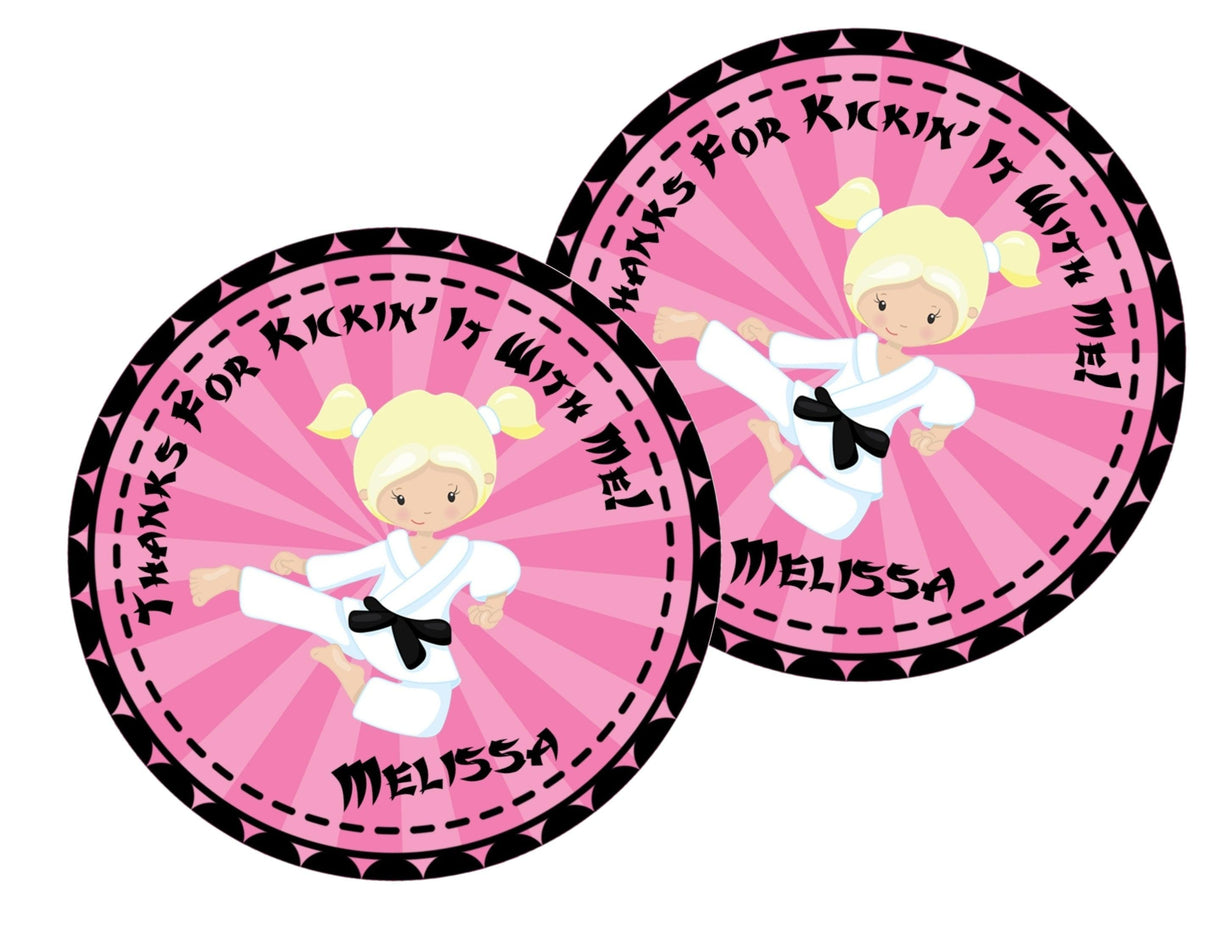 Karate birthday party label with pink starburst background