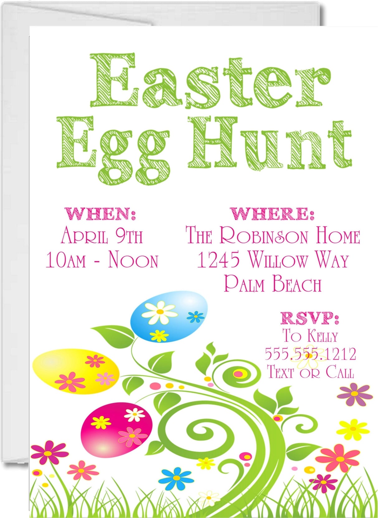 Kids Easter egg hunt invitation with whimsical floral accents