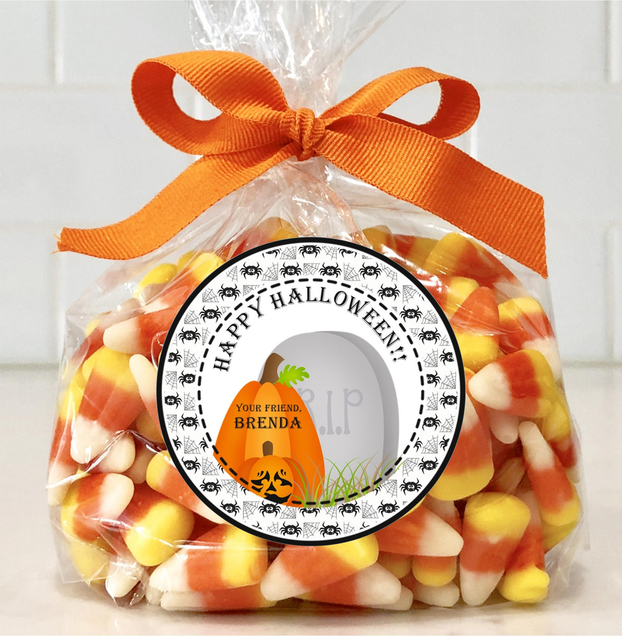 Kids Halloween tomb party sticker with classic graveyard theme
