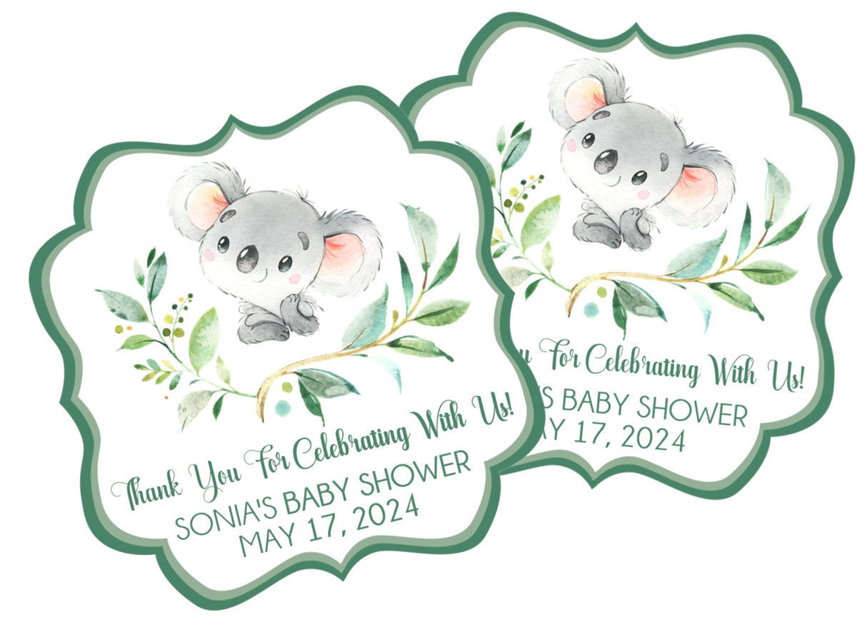 Koala baby shower sticker with greenery and scalloped green border