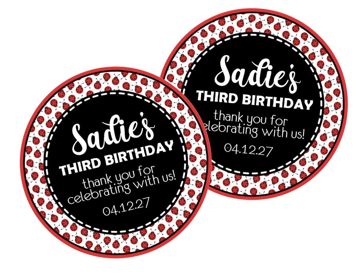 Ladybug theme party favor label with name