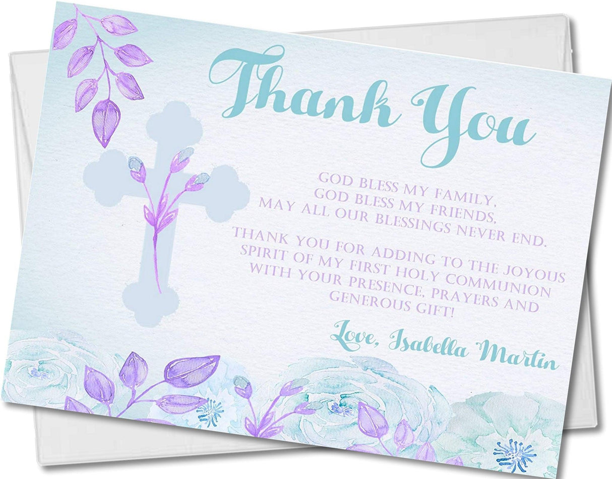 Lavender And Blue First Communion Thank You Cards