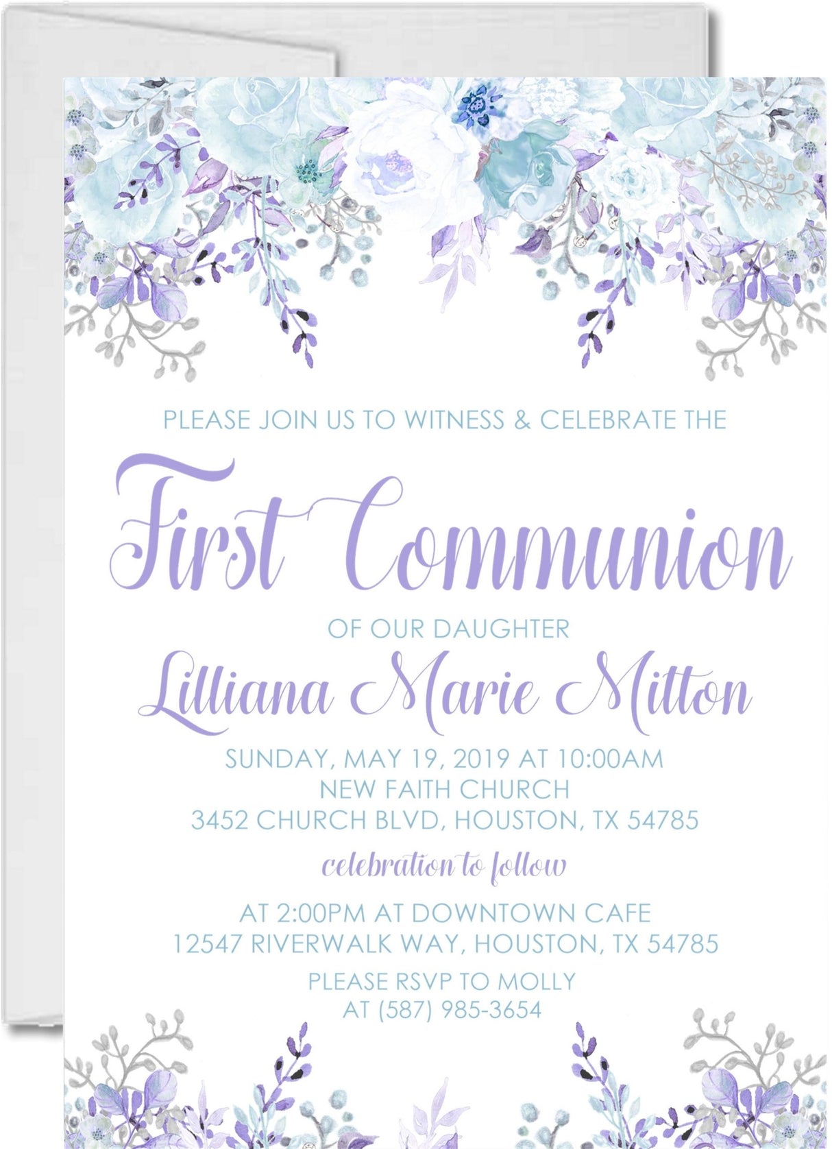 Lavender Floral First Communion Invitations
