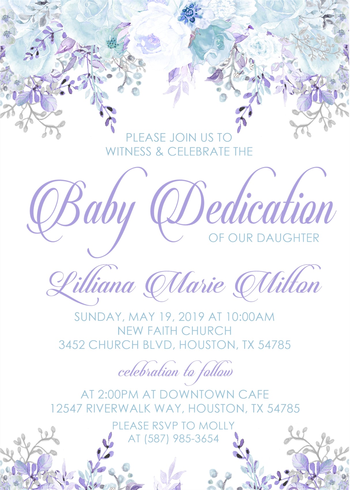 Lavender baby dedication invitation for girls
