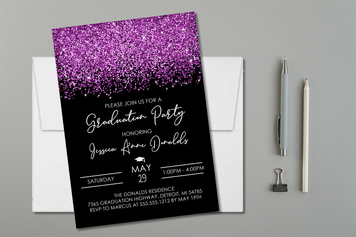 Lavender graduation party invitation with confetti design on black background