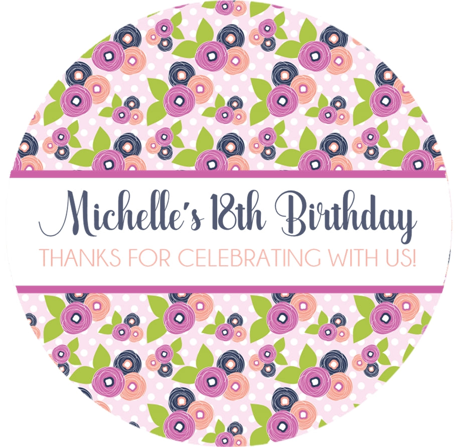 Lavender navy purple floral birthday sticker labels
