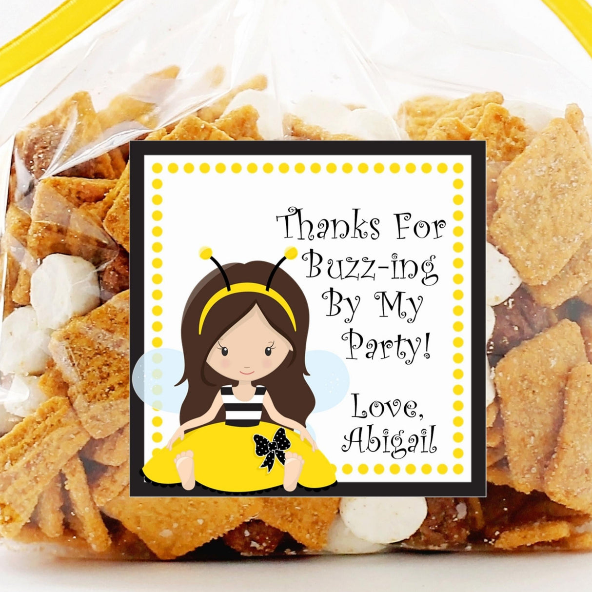 Light skin sitting bee girl birthday sticker with yellow bow dress.