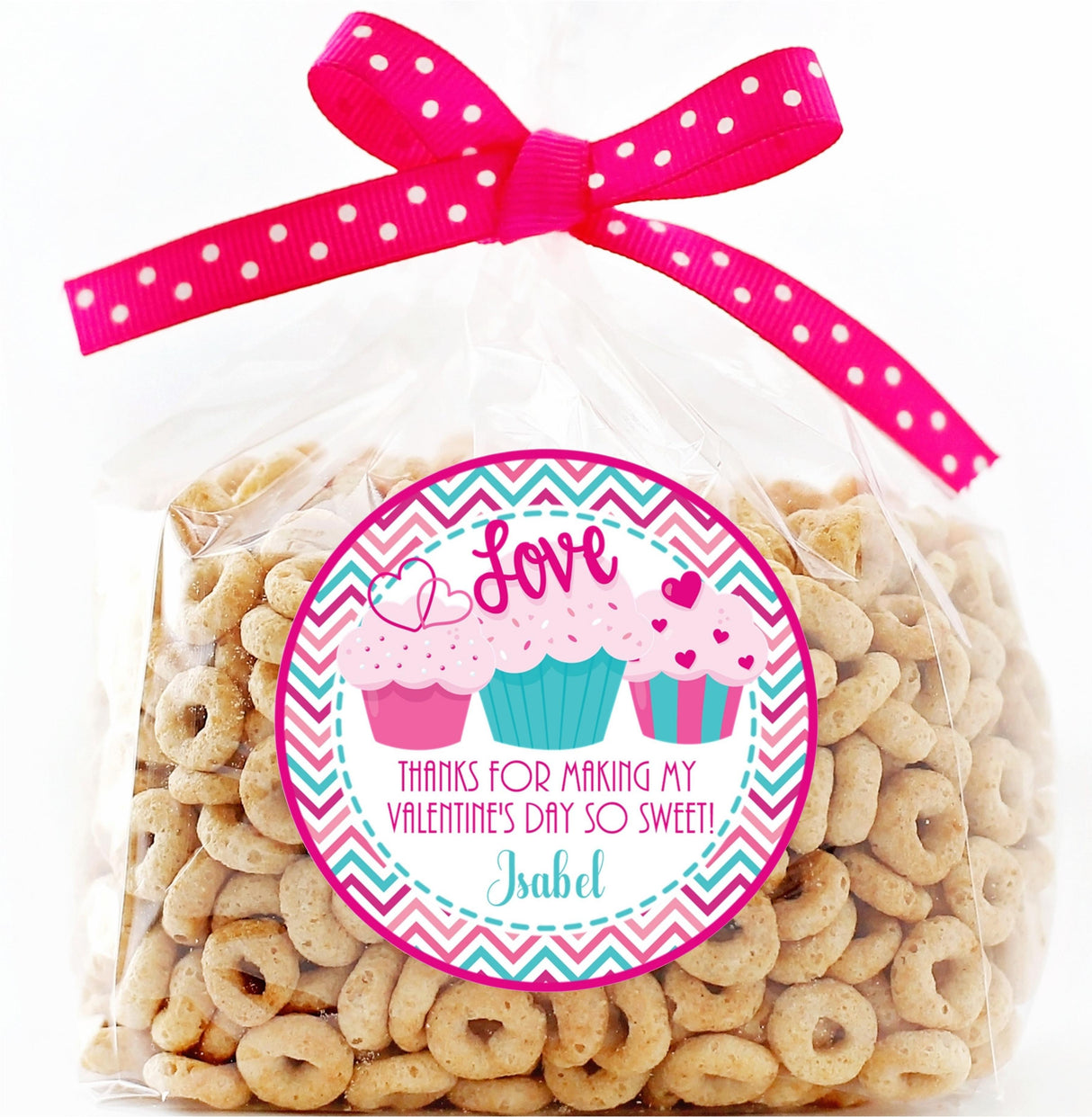 Love cupcake Valentine sticker with pink and teal chevron background