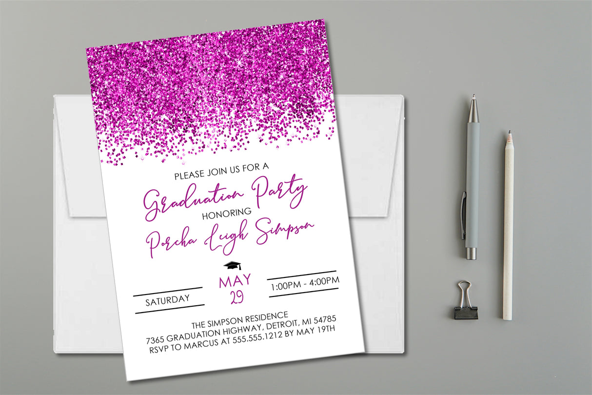 Magenta graduation party invitation with confetti on white background