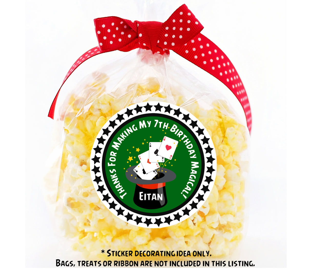 Magic show green birthday sticker with star accents