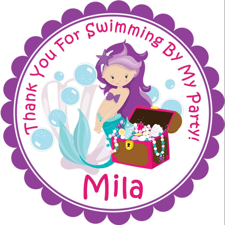 Mermaid party favor sticker with treasure chest and underwater design