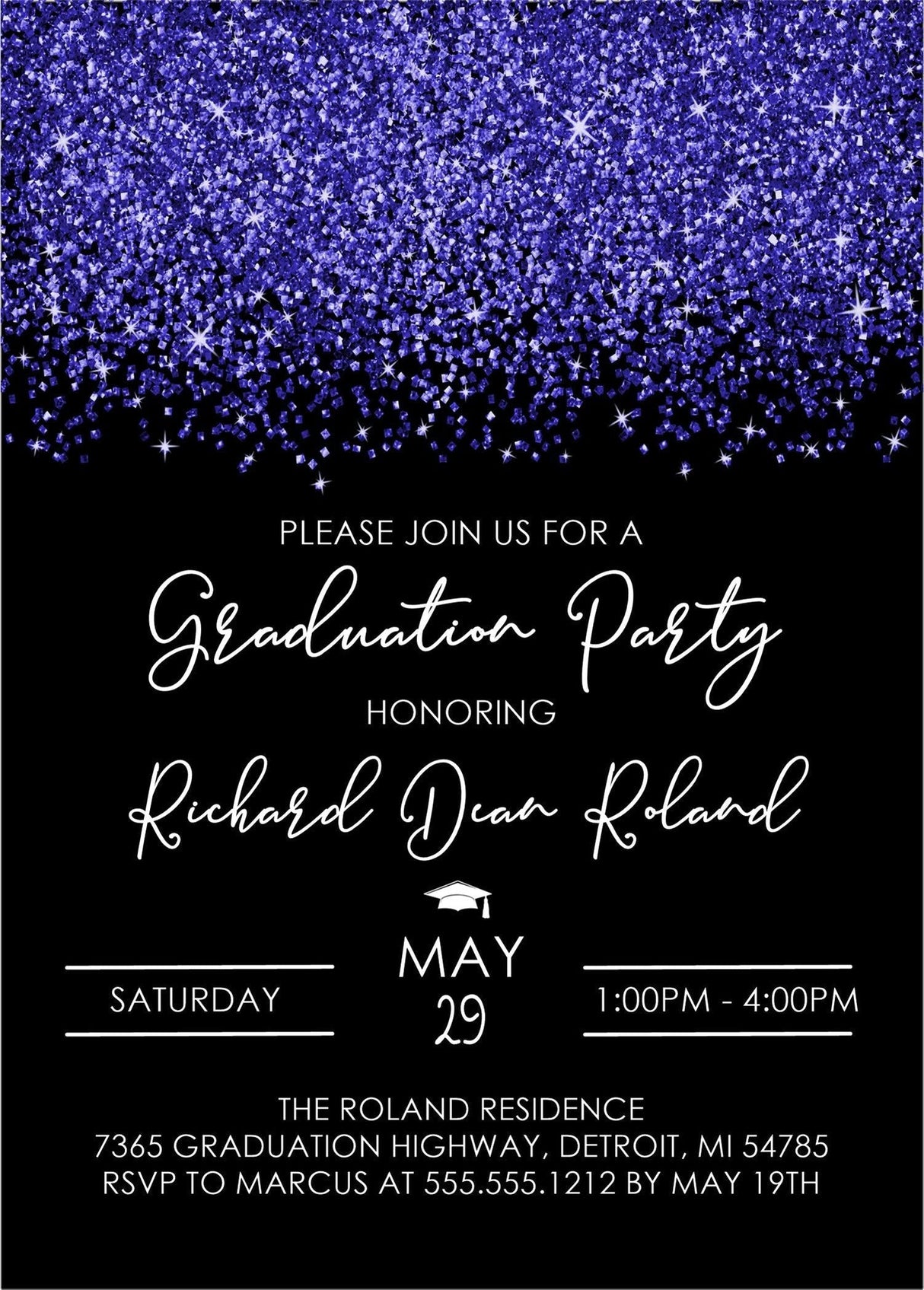 Midnight Blue And Black Graduation Party Invitations
