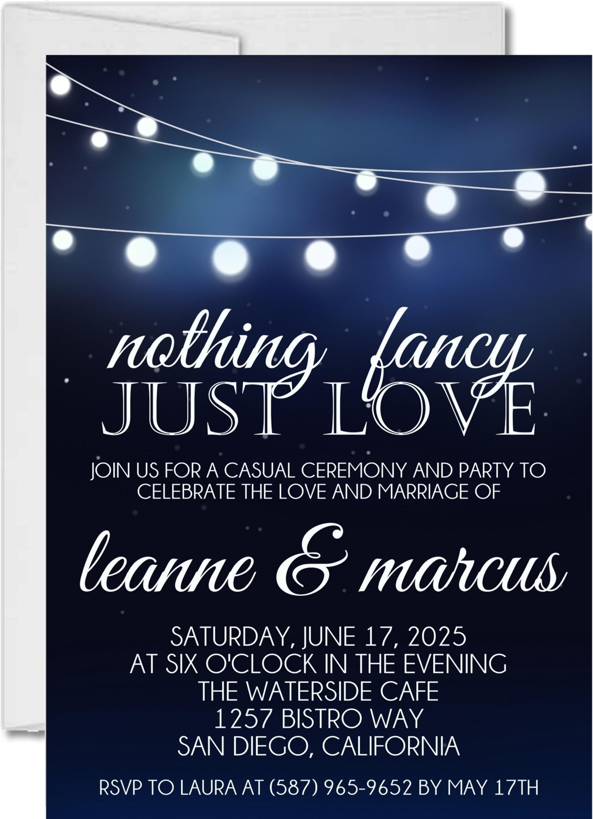 Midnight blue wedding invitation featuring hanging bistro lights and evening celebration theme