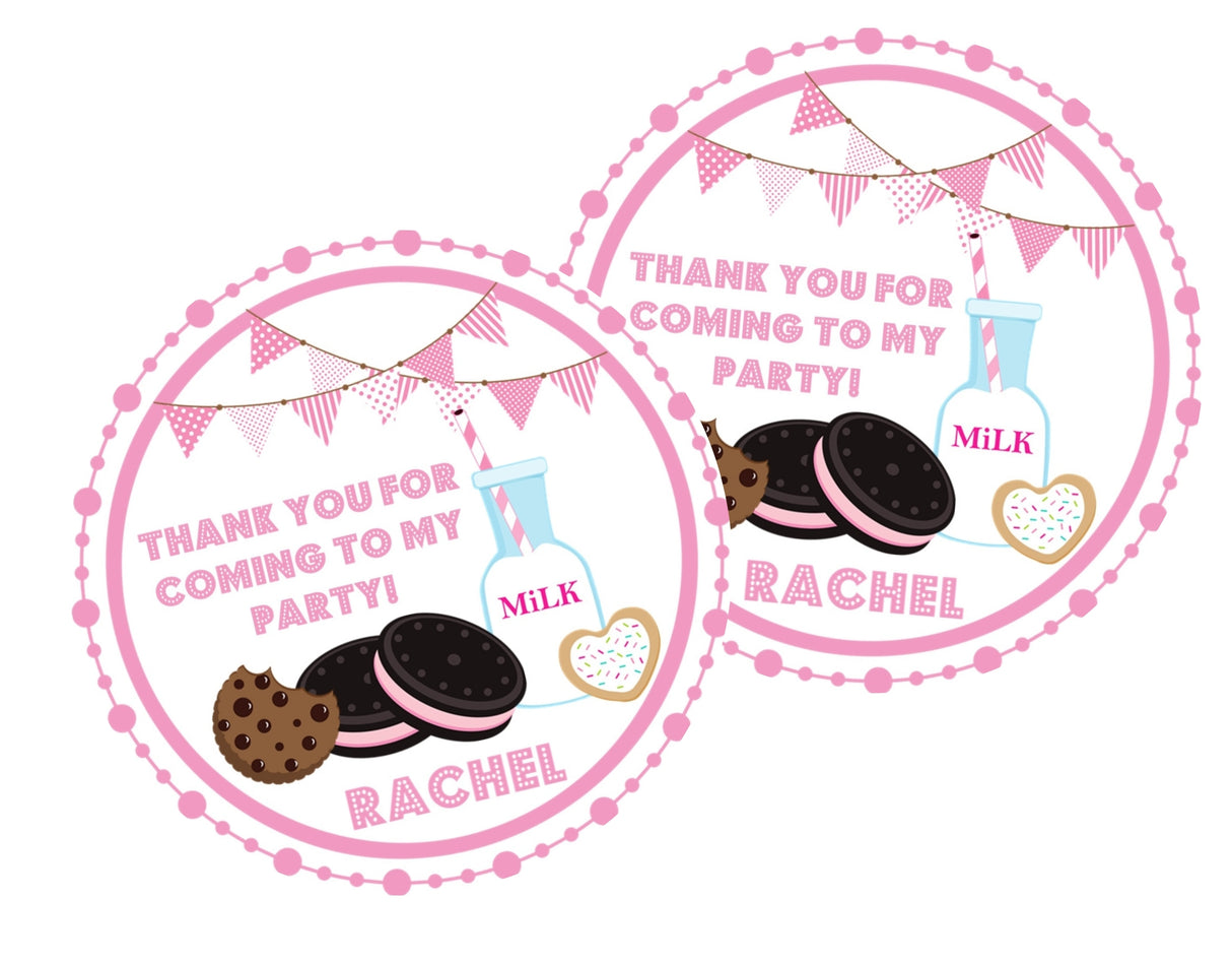 Milk and cookies pink party favor label
