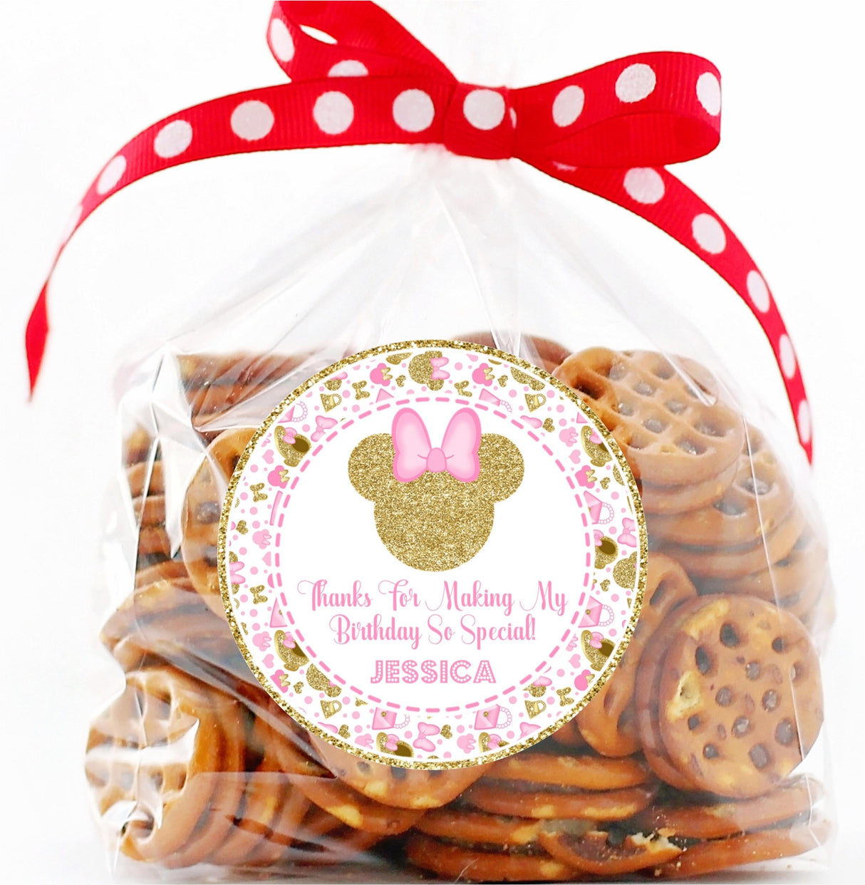 Minnie Mouse party favor label in pink and gold theme