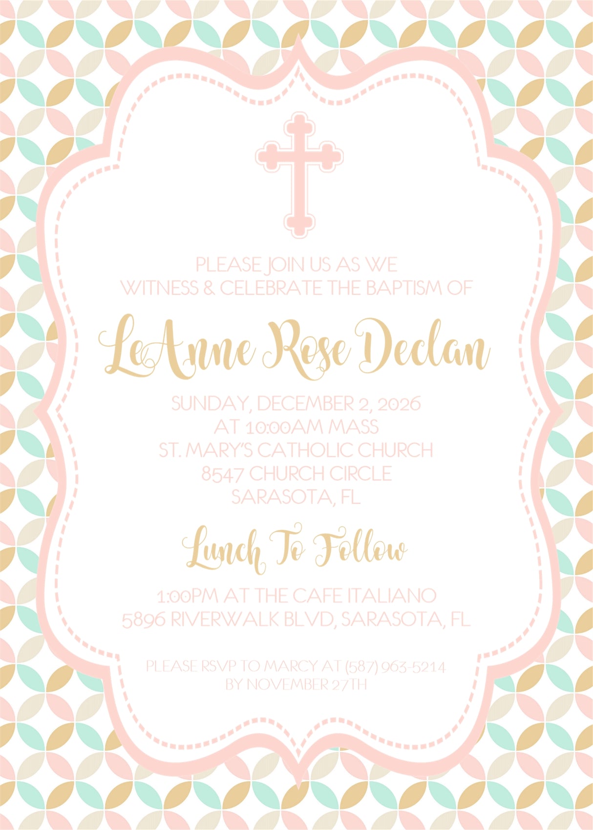 Mint peach cross baptism and first communion invitation