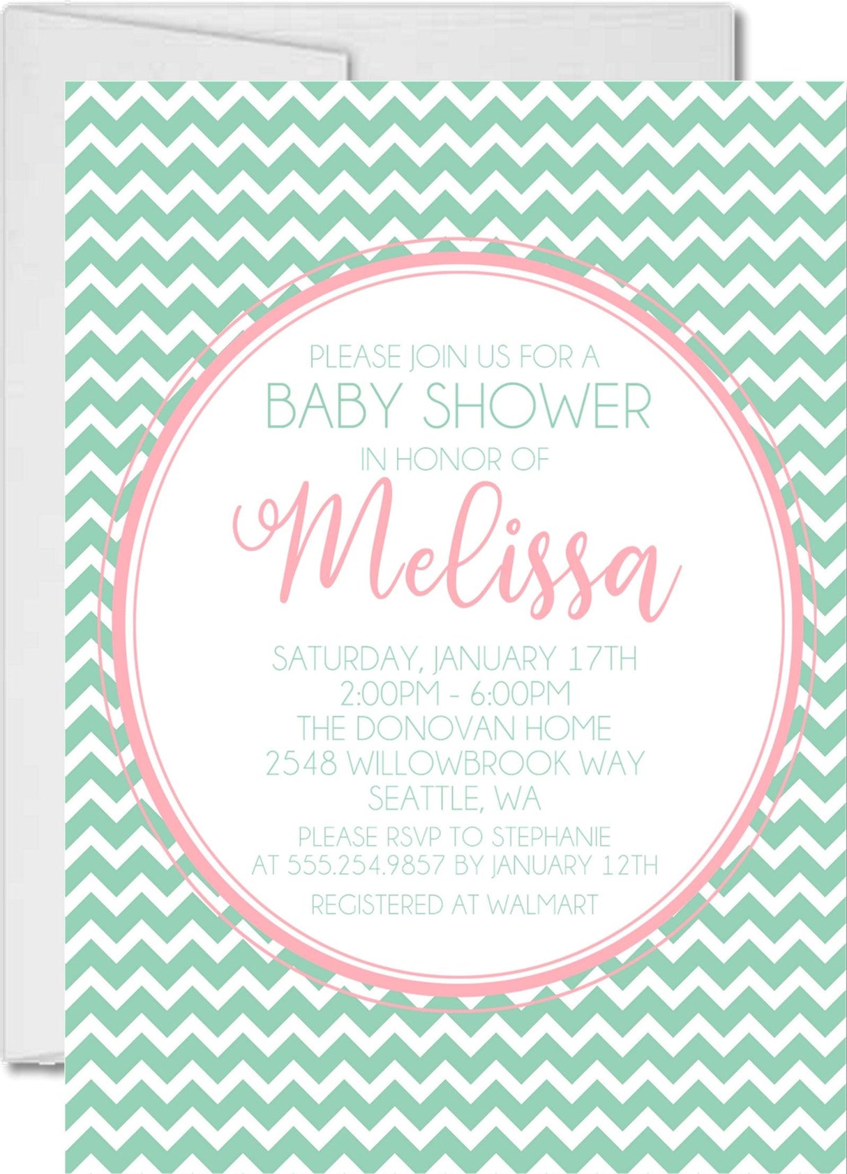 Mint pink chevron baby shower invitations colorful zig zag pattern design