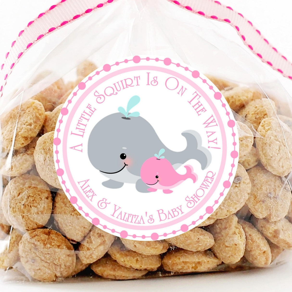 Mom and baby pink whale baby shower sticker