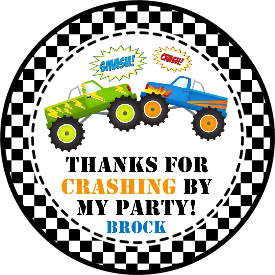 Monster truck birthday party favor sticker with two trucks colliding