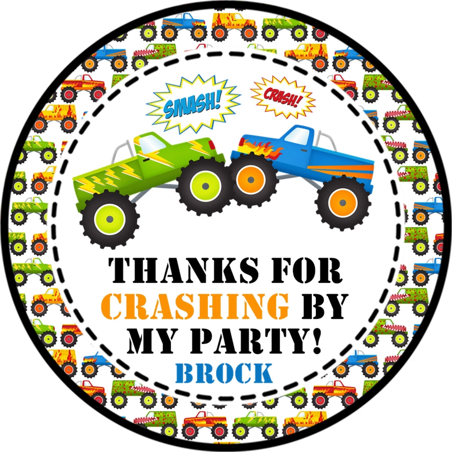 Monster truck crash birthday sticker with smash and crash design