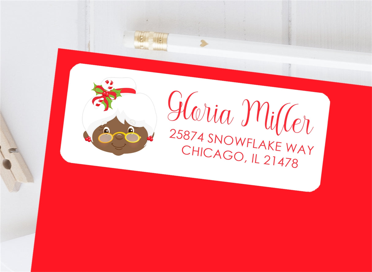 Mrs Claus Christmas address labels with festive holiday design